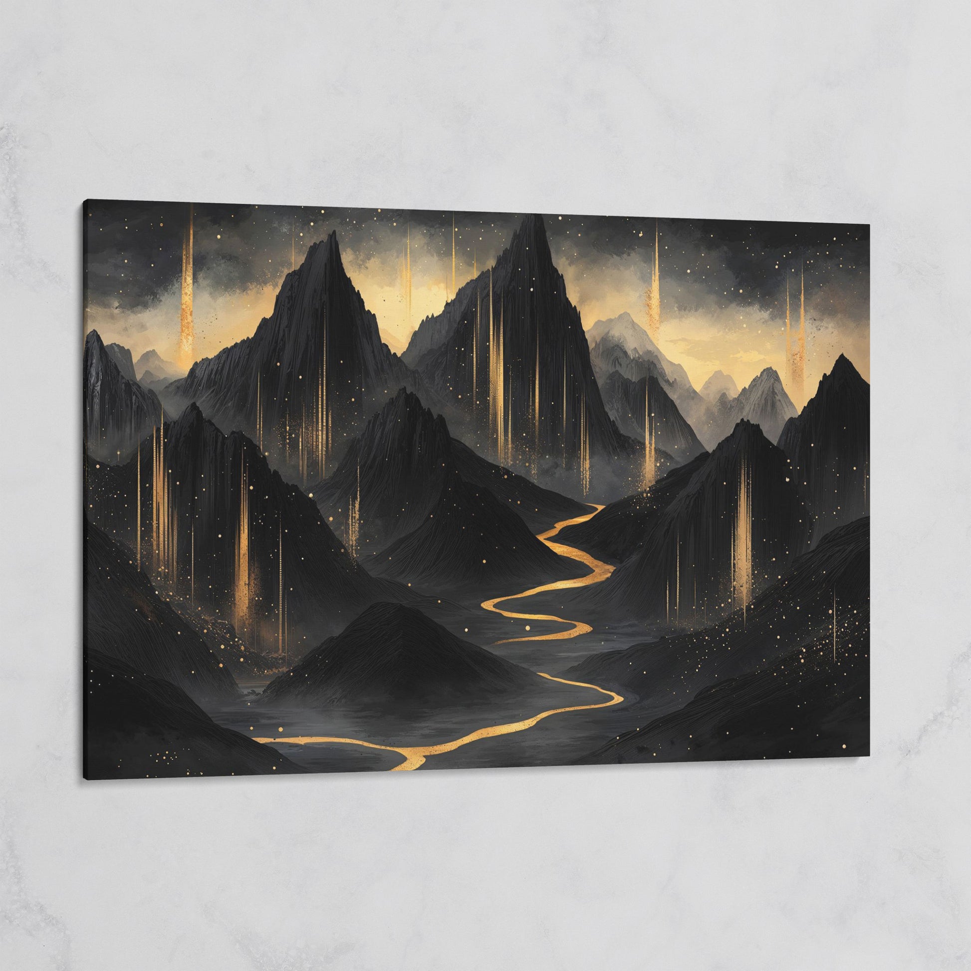 Black & Gold Mountain Canvas with Layered Peaks on gallery wrap