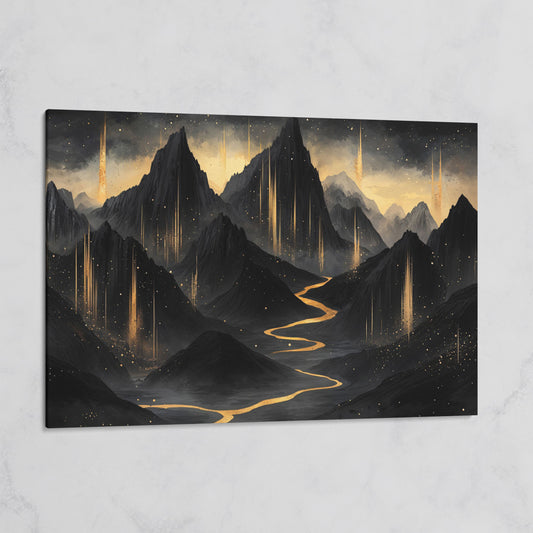 Black & Gold Mountain Canvas with Layered Peaks on gallery wrap