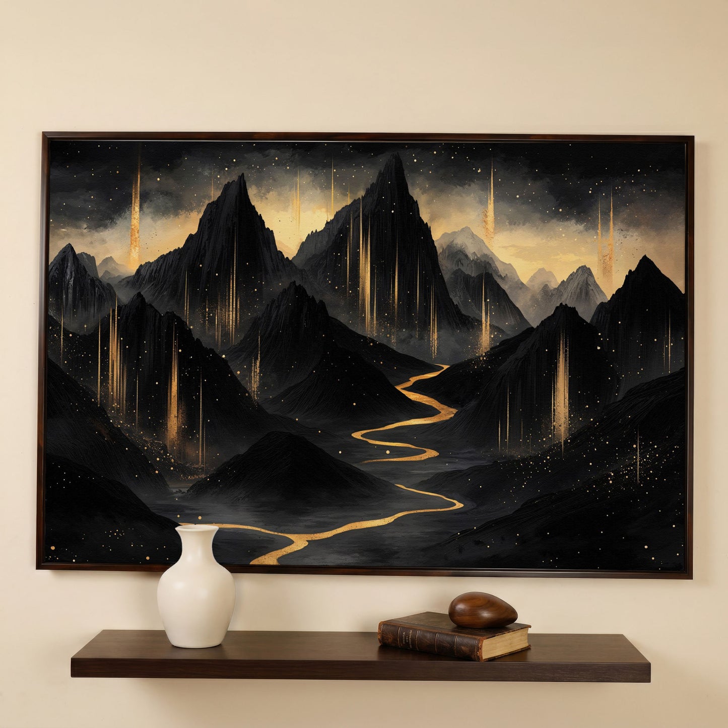 Black & Gold Mountain Canvas with Layered Peaks in dark walnut floating frame