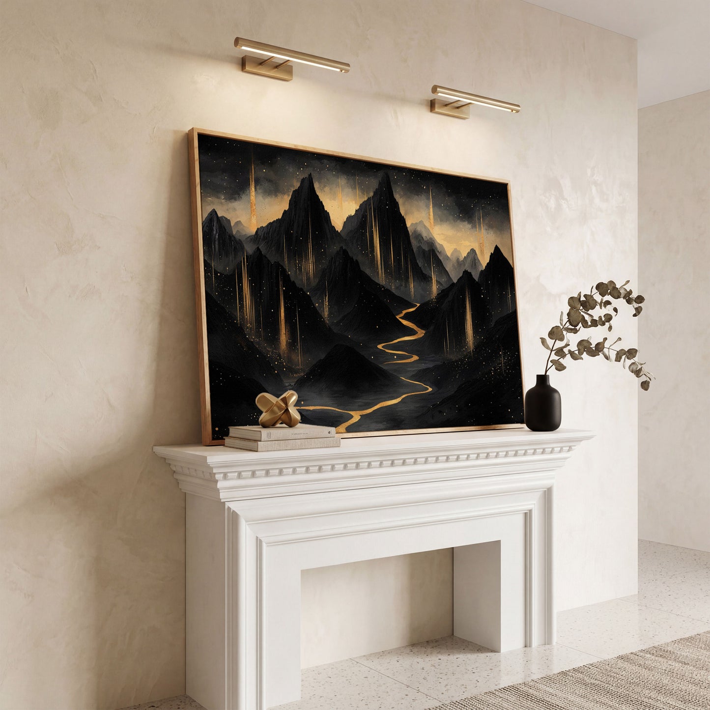 Black & Gold Mountain Canvas with Layered Peaks in white oak floating frame