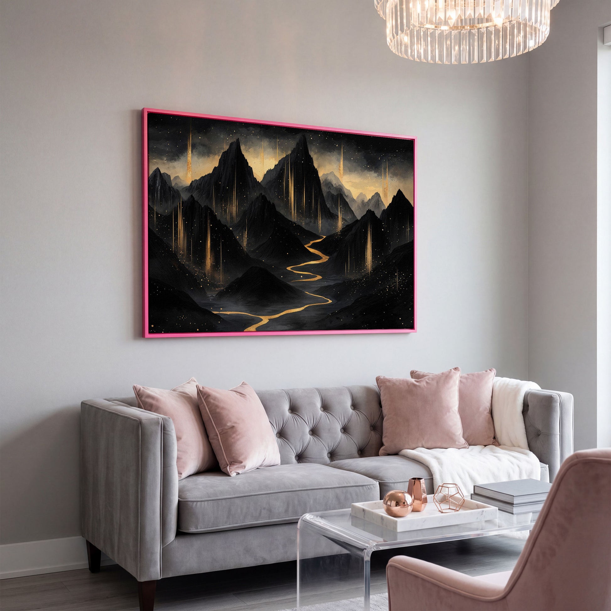Black & Gold Mountain Canvas with Layered Peaks in pink floating frame