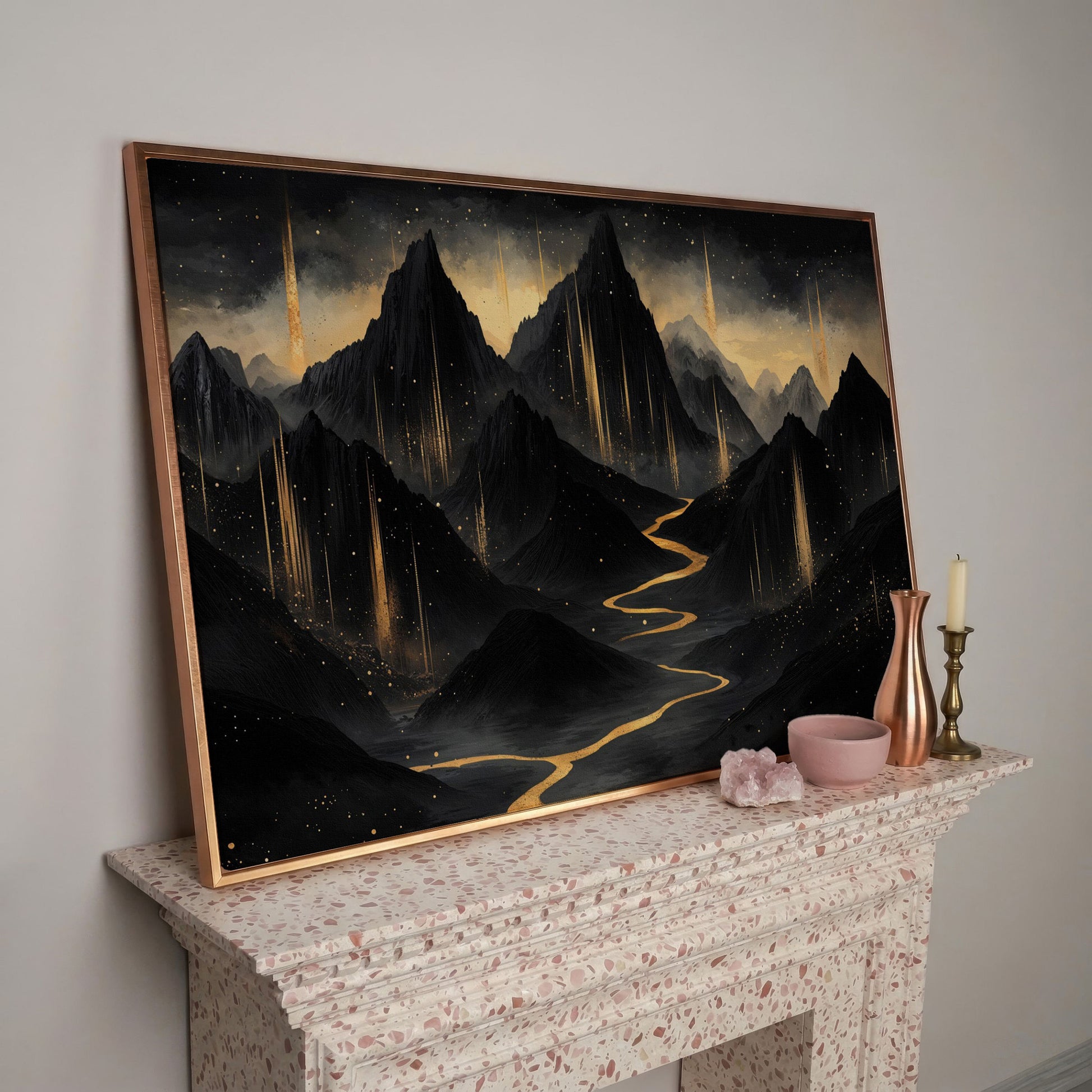 Black & Gold Mountain Canvas with Layered Peaks in rose gold floating frame
