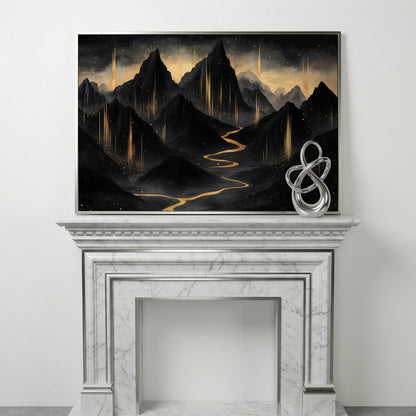 Black & Gold Mountain Canvas with Layered Peaks in silver floating frame