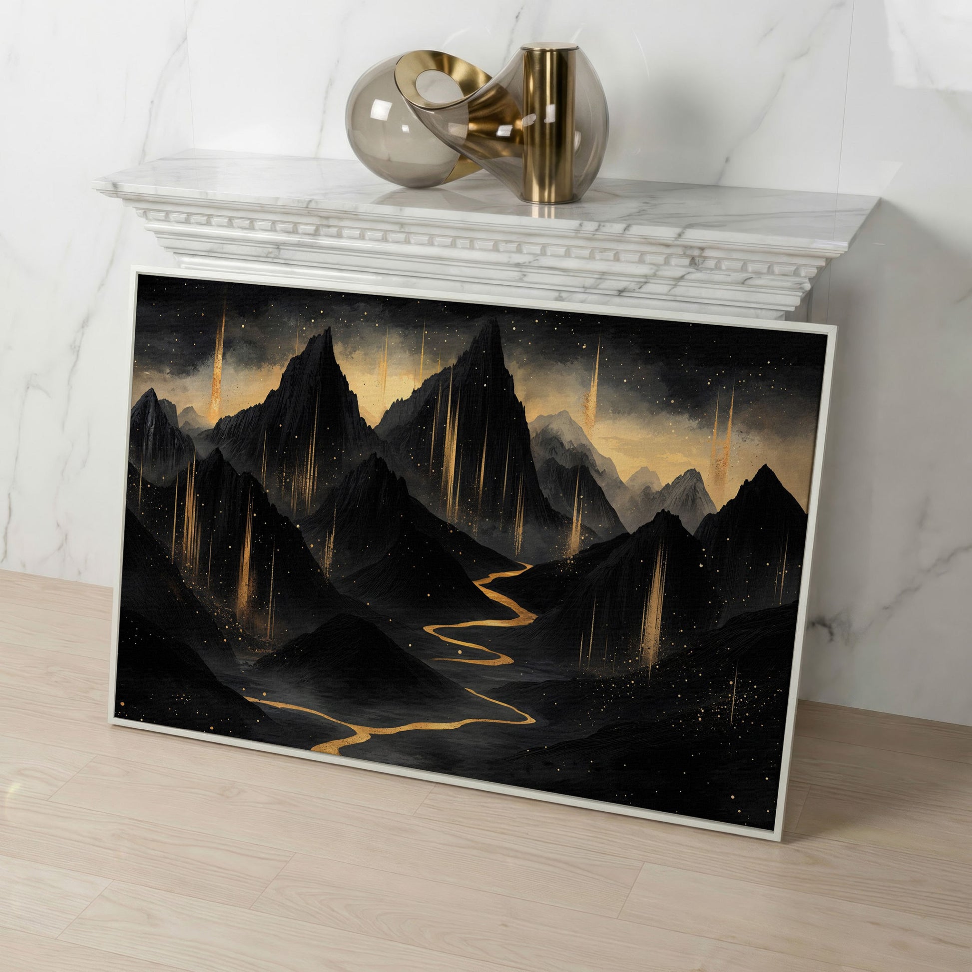 Black & Gold Mountain Canvas with Layered Peaks in white floating frame