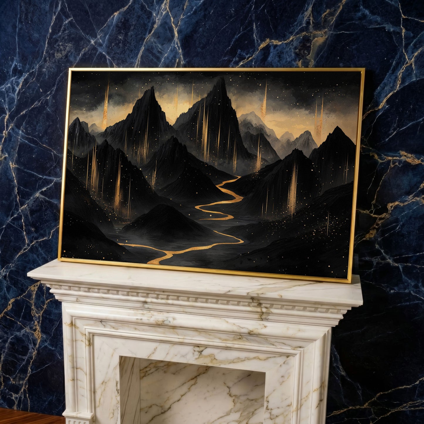 Black & Gold Mountain Canvas with Layered Peaks in yellow gold floating frame