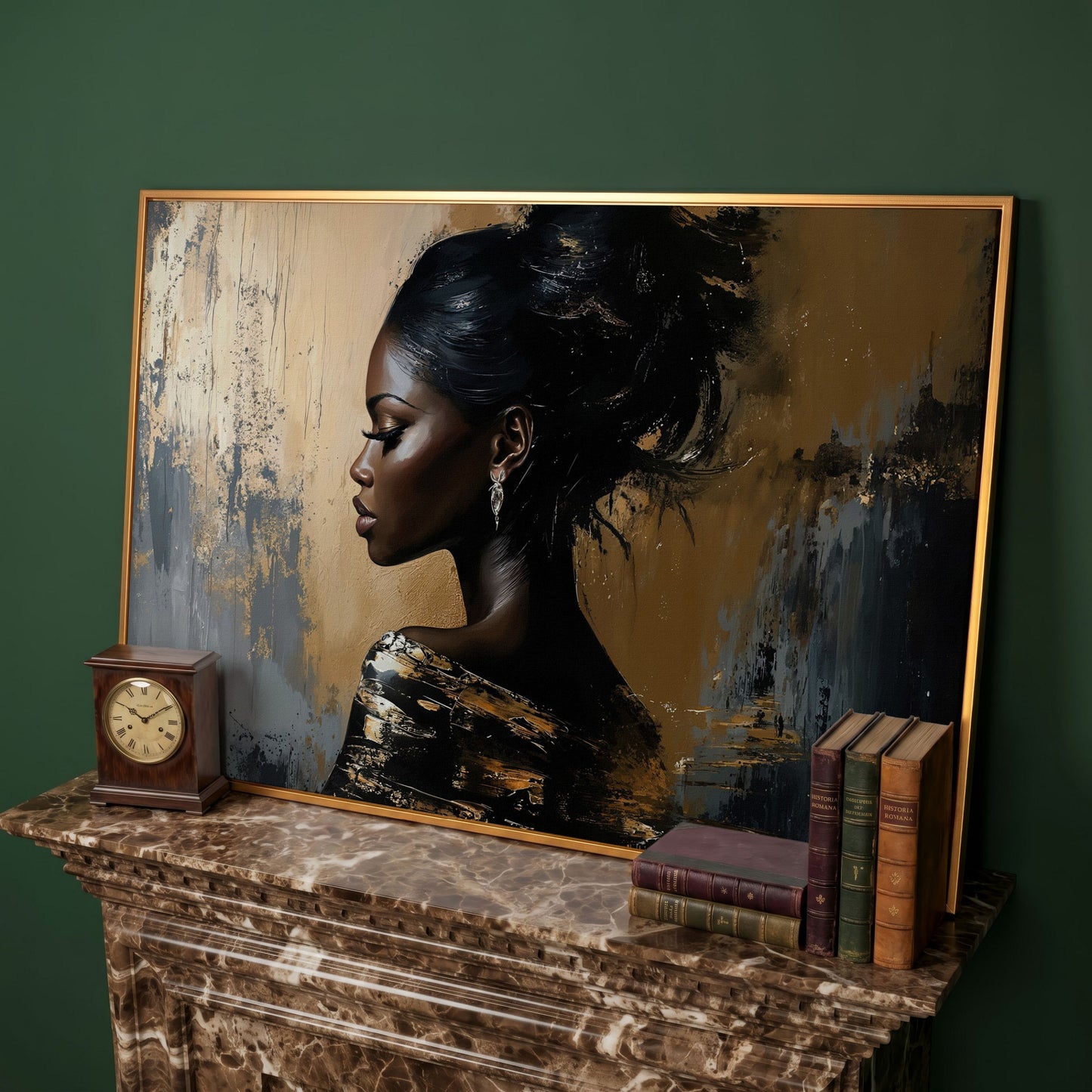 Elegant Woman in Profile Canvas Art in antique gold floating frame