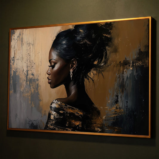 Elegant Woman in Profile Canvas Art shown in antique gold floating frame