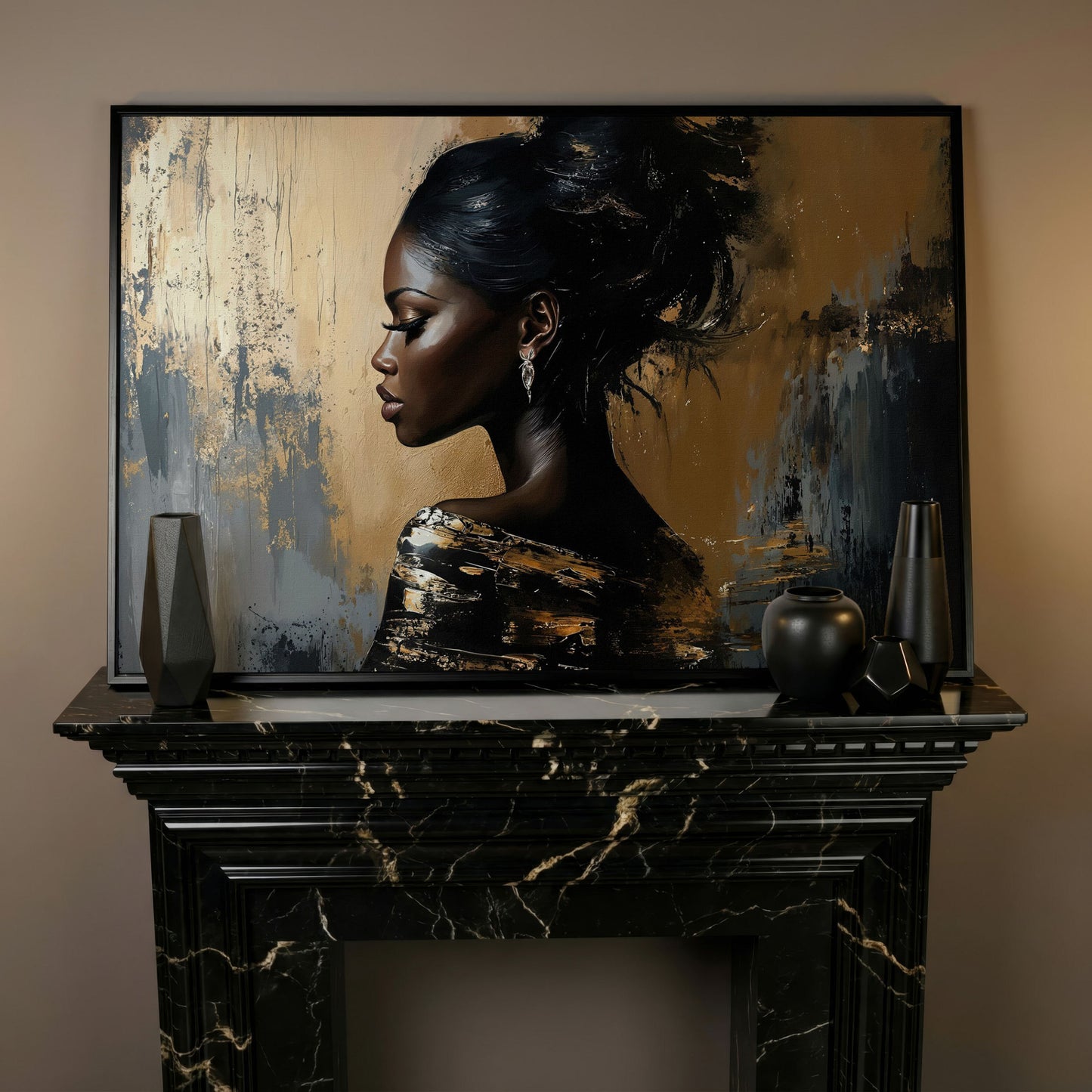 Elegant Woman in Profile Canvas Art in black floating frame
