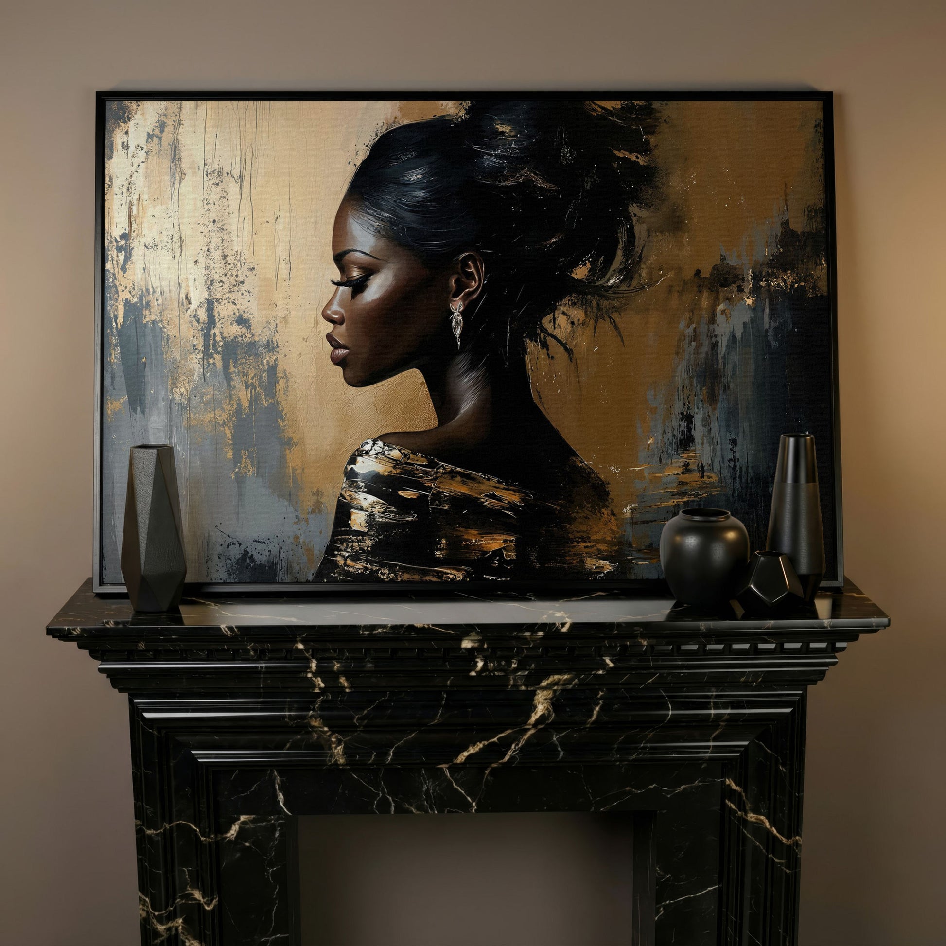 Elegant Woman in Profile Canvas Art in black floating frame
