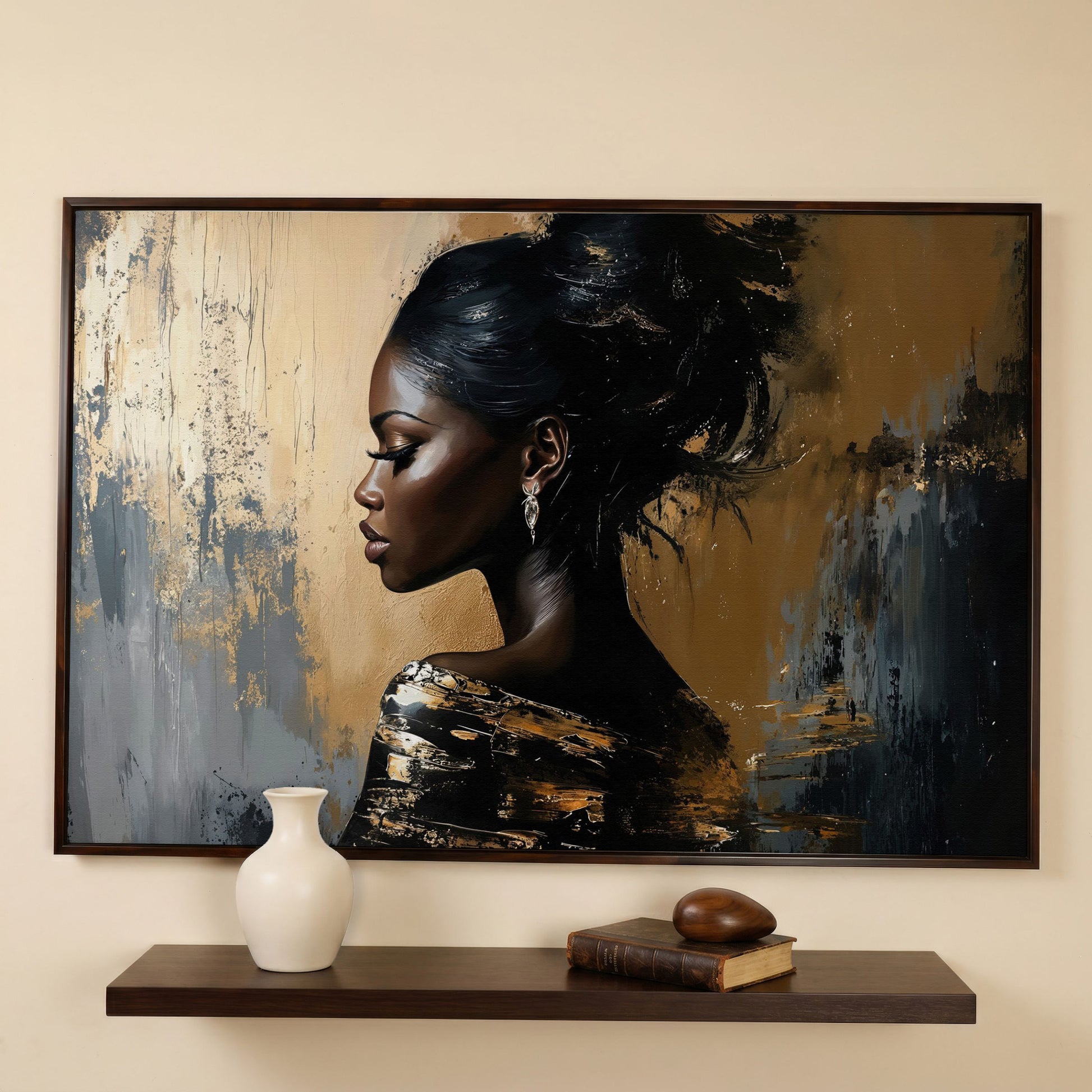 Elegant Woman in Profile Canvas Art in dark walnut floating frame