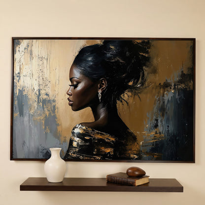 Elegant Woman in Profile Canvas Art in dark walnut floating frame