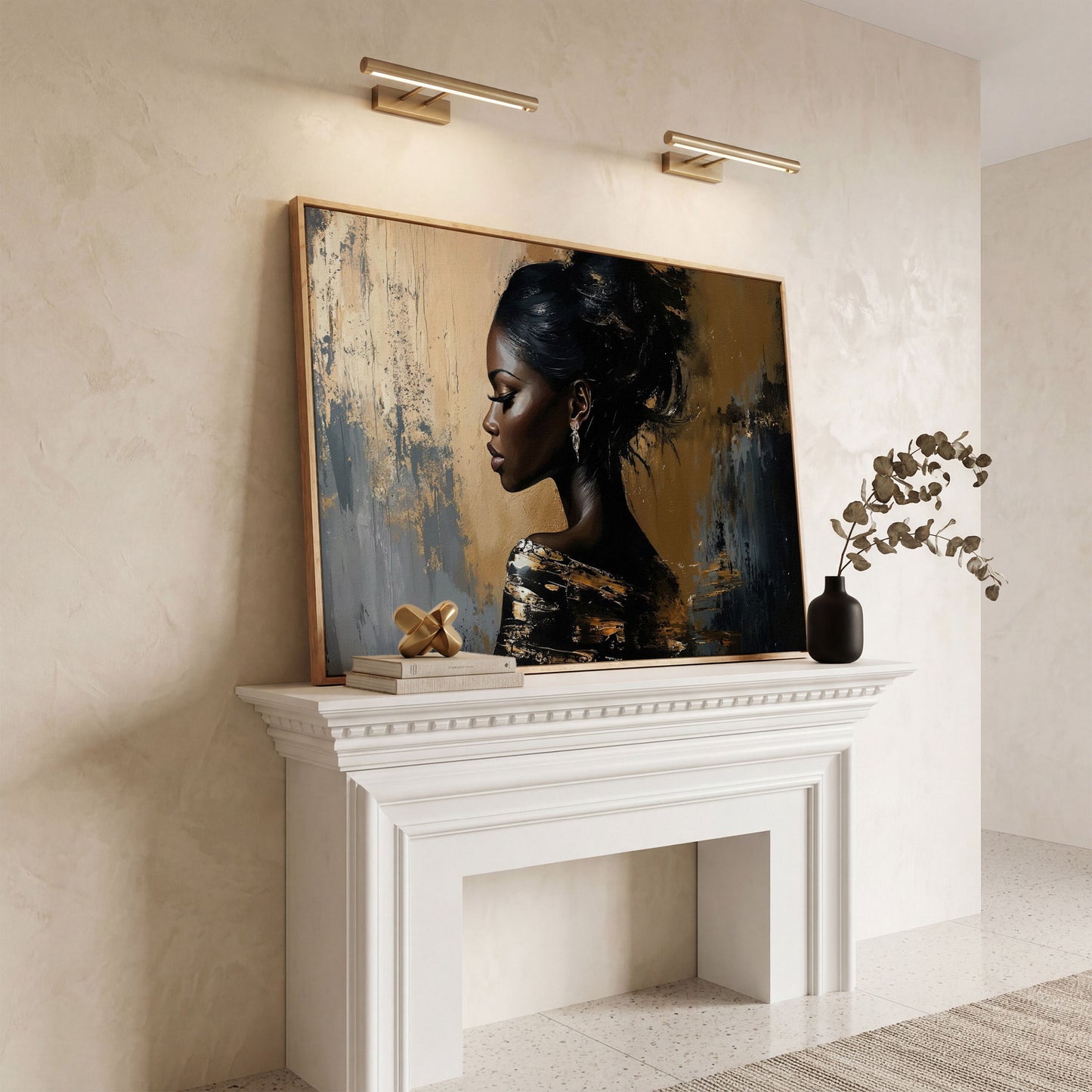 Elegant Woman in Profile Canvas Art in white oak floating frame