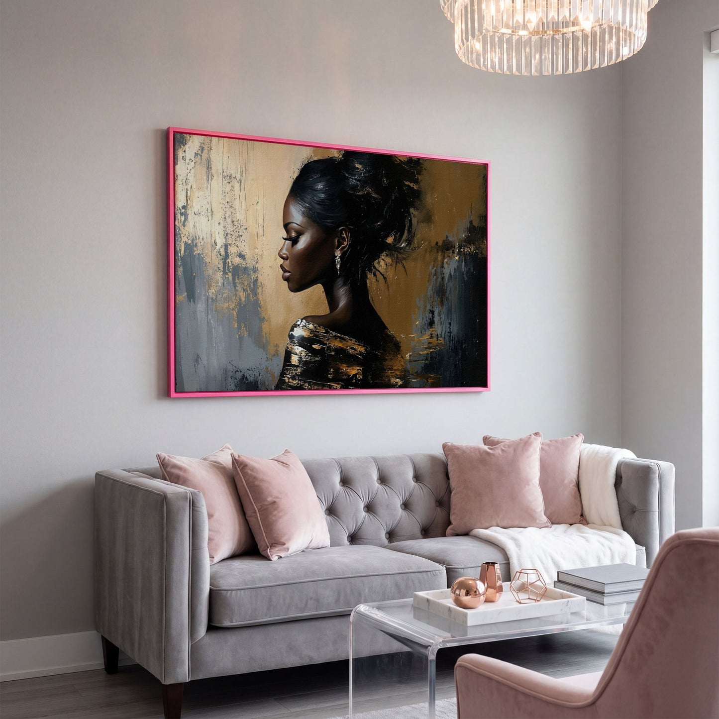 Elegant Woman in Profile Canvas Art in pink floating frame