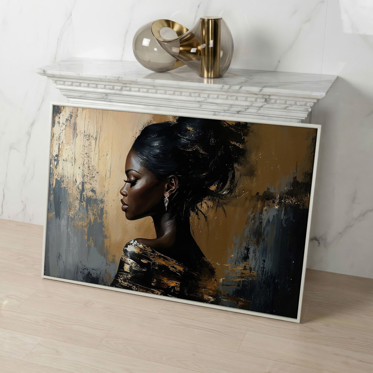 Elegant Woman in Profile Canvas Art in white floating frame