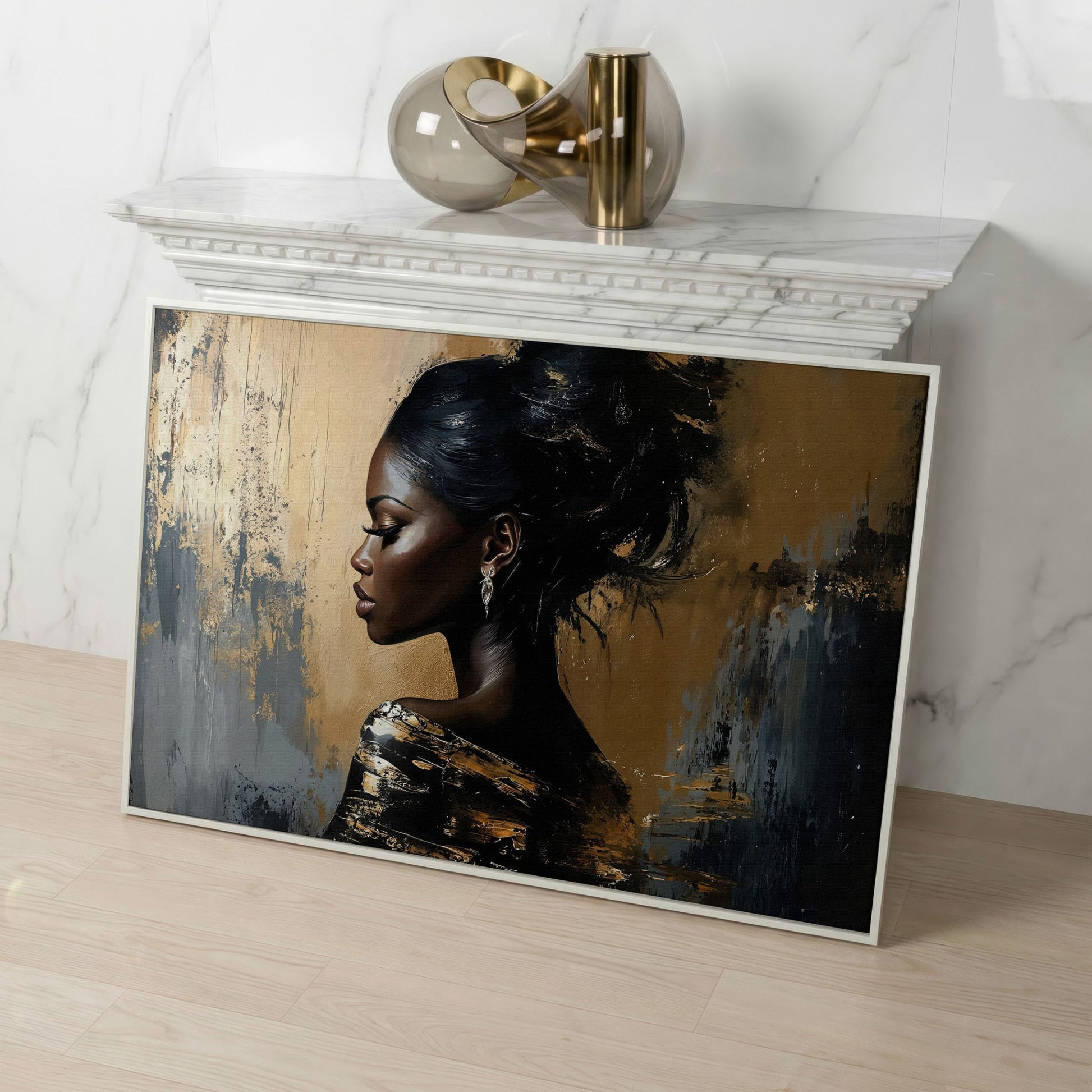 Elegant Woman in Profile Canvas Art in white floating frame