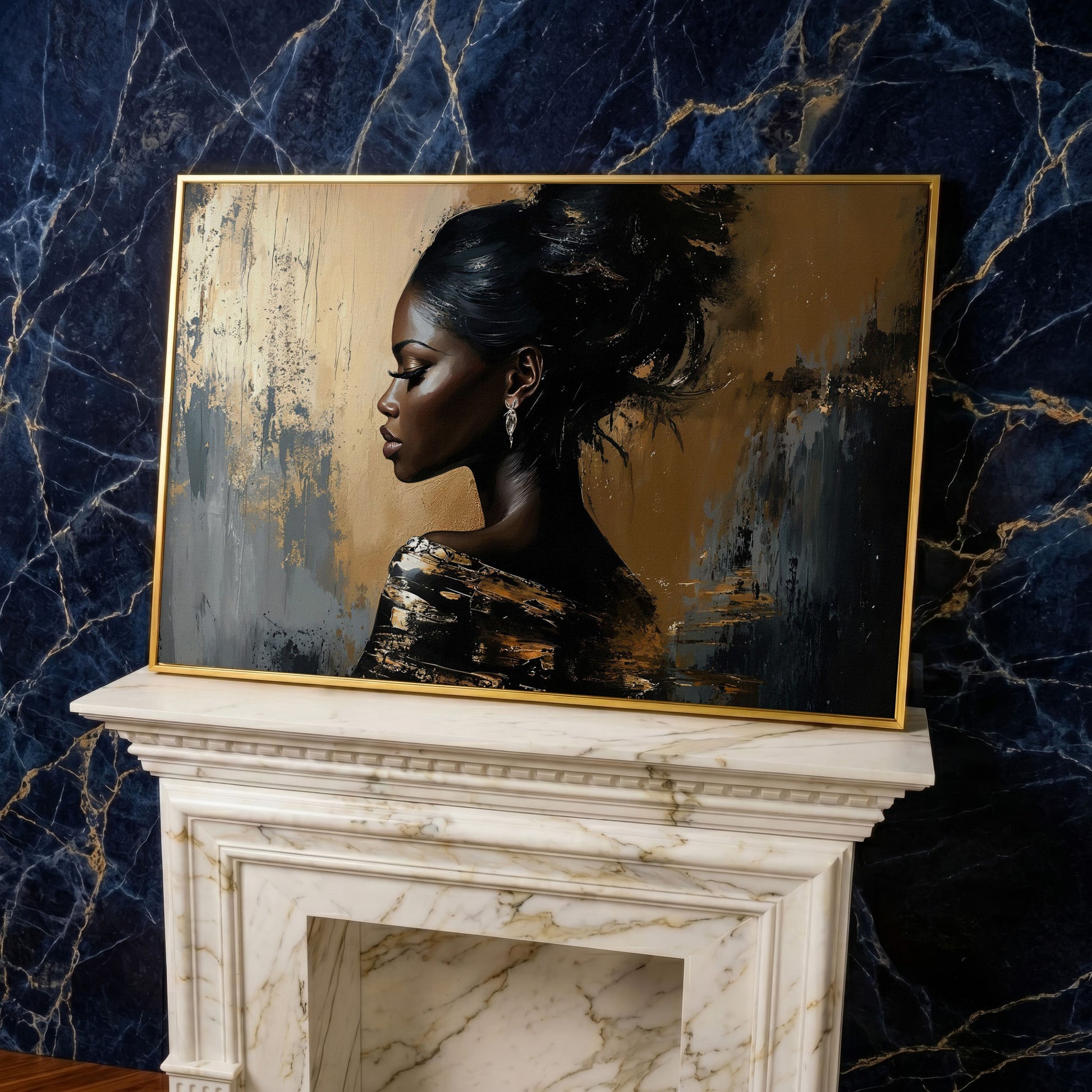Elegant Woman in Profile Canvas Art in yellow gold floating frame