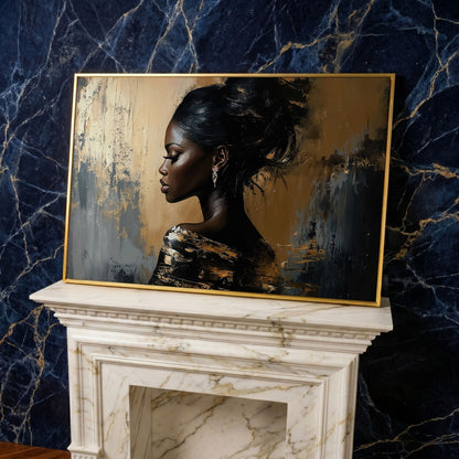 Elegant Woman in Profile Canvas Art in yellow gold floating frame