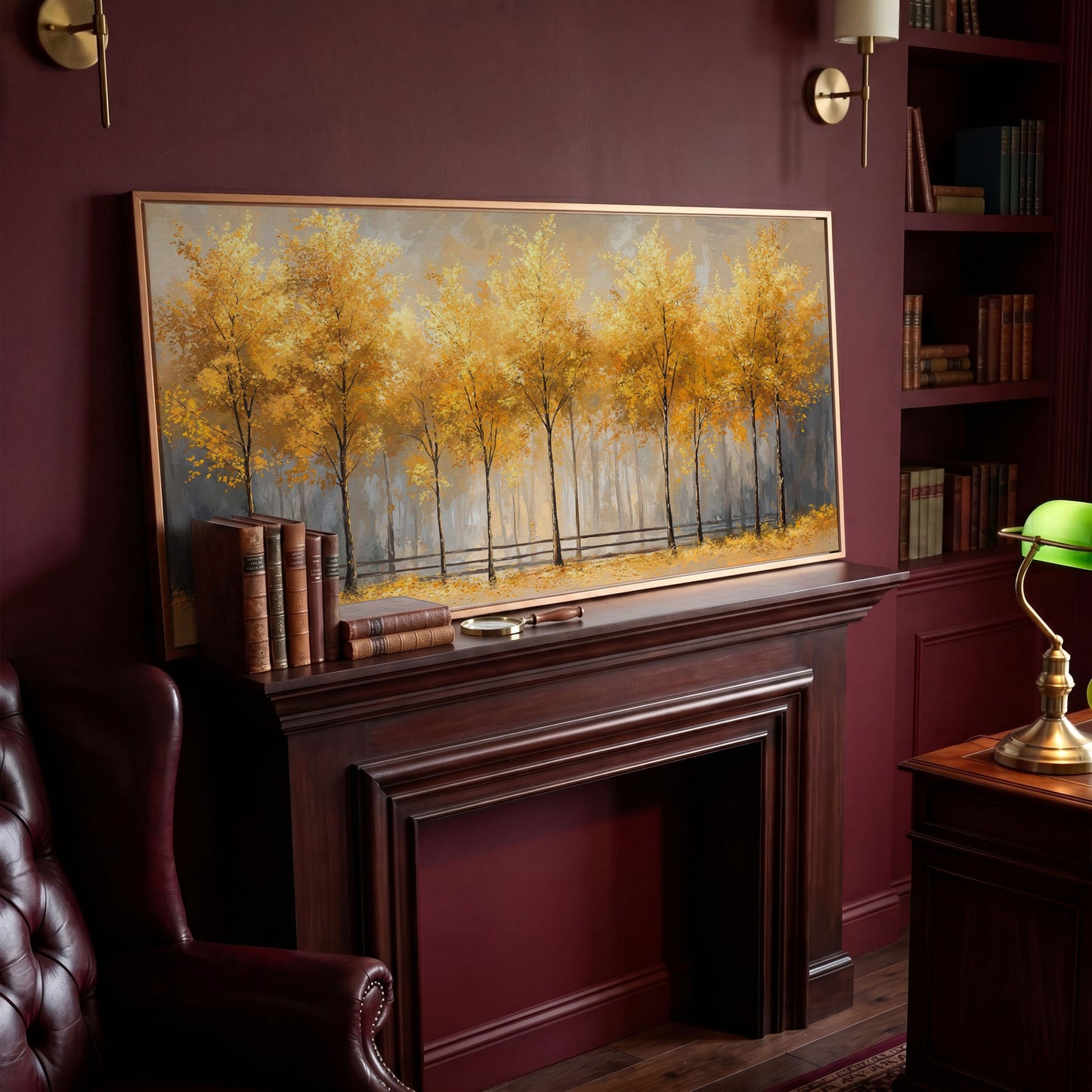 Golden Autumn Trees Canvas Print in antique gold floating frame