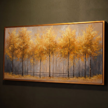 Golden Autumn Trees Canvas Print shown in antique gold floating frame