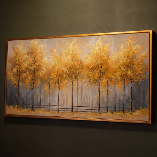 Golden Autumn Trees Canvas Print shown in antique gold floating frame