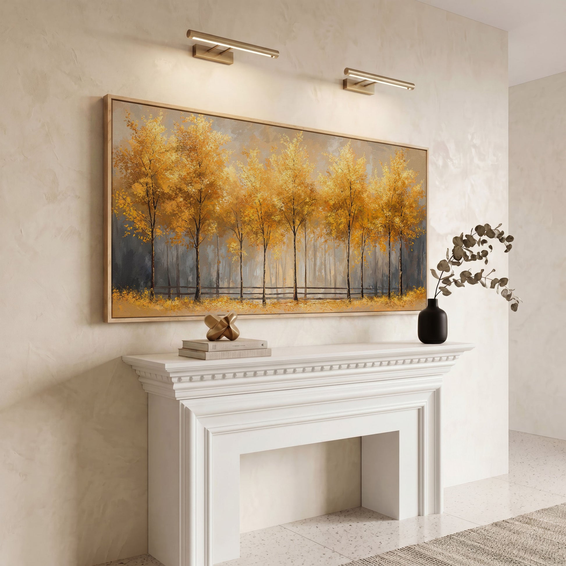 Golden Autumn Trees Canvas Print in white oak floating frame