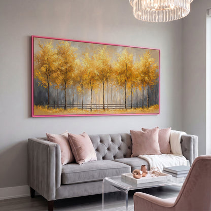 Golden Autumn Trees Canvas Print in pink floating frame