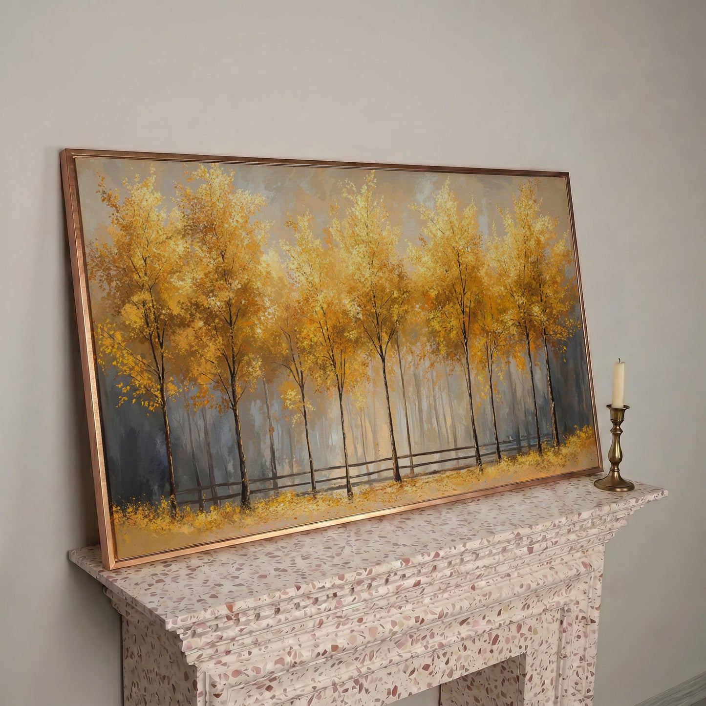 Golden Autumn Trees Canvas Print in rose gold floating frame