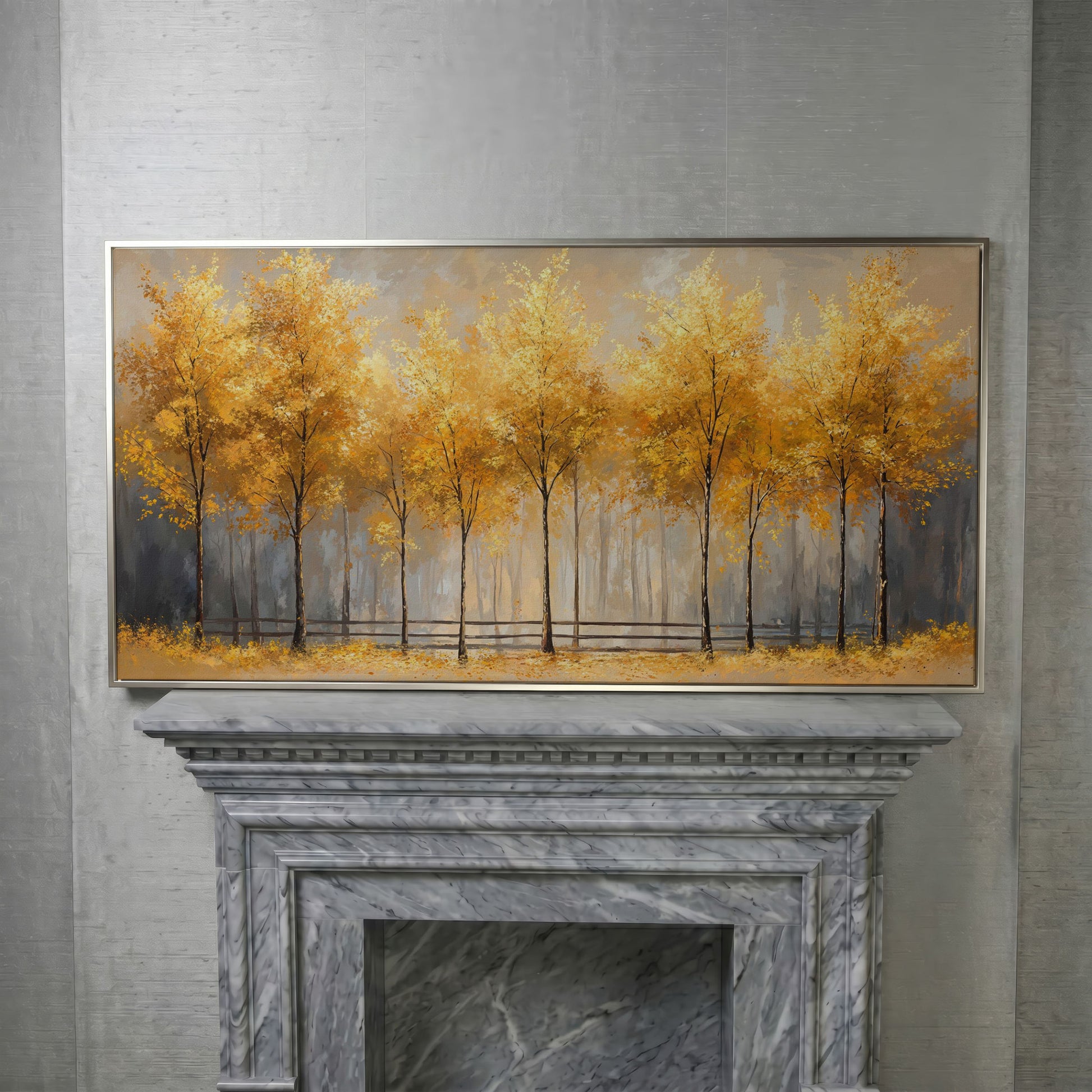 Golden Autumn Trees Canvas Print in silver floating frame