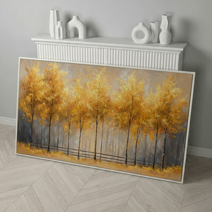 Golden Autumn Trees Canvas Print in white floating frame