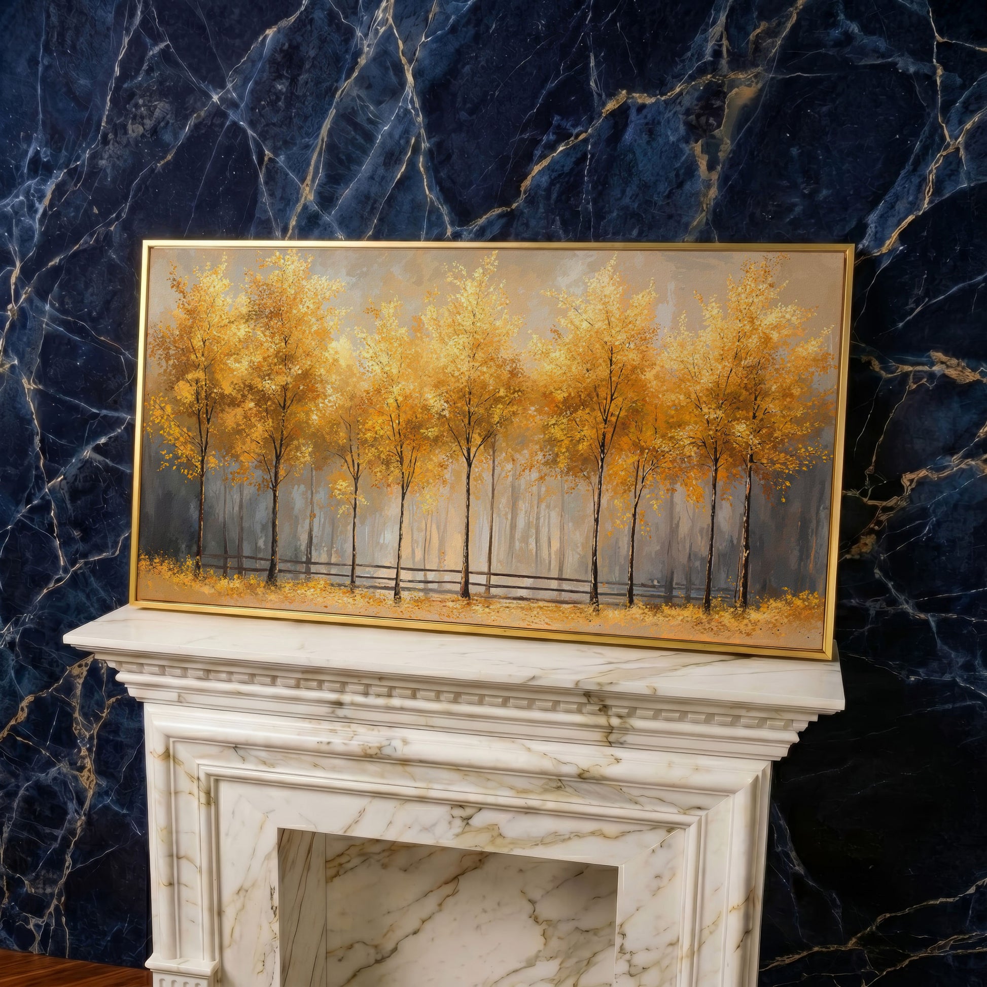 Golden Autumn Trees Canvas Print in yellow gold floating frame