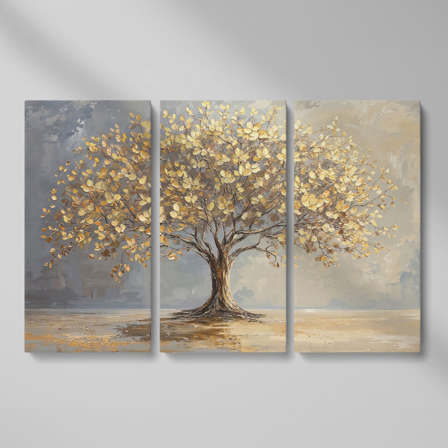 Golden Leaf Tree Canvas Print as 3-panel split version