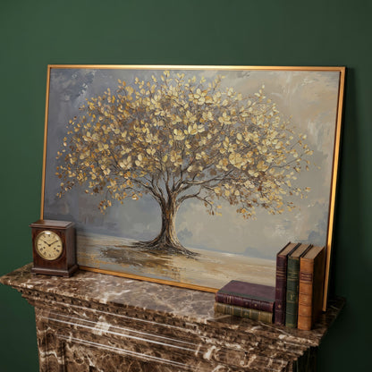 Golden Leaf Tree Canvas Print in antique gold floating frame