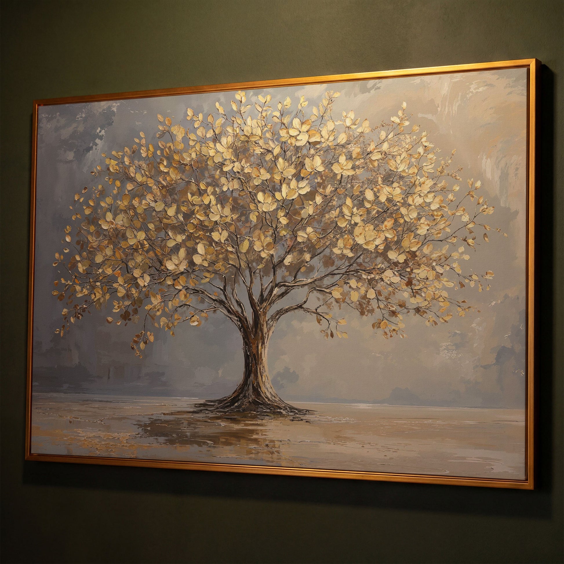 Golden Leaf Tree Canvas Print shown in antique gold floating frame