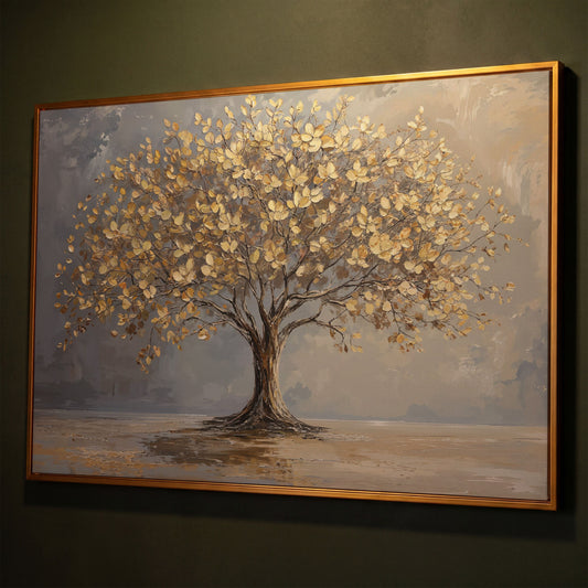 Golden Leaf Tree Canvas Print shown in antique gold floating frame