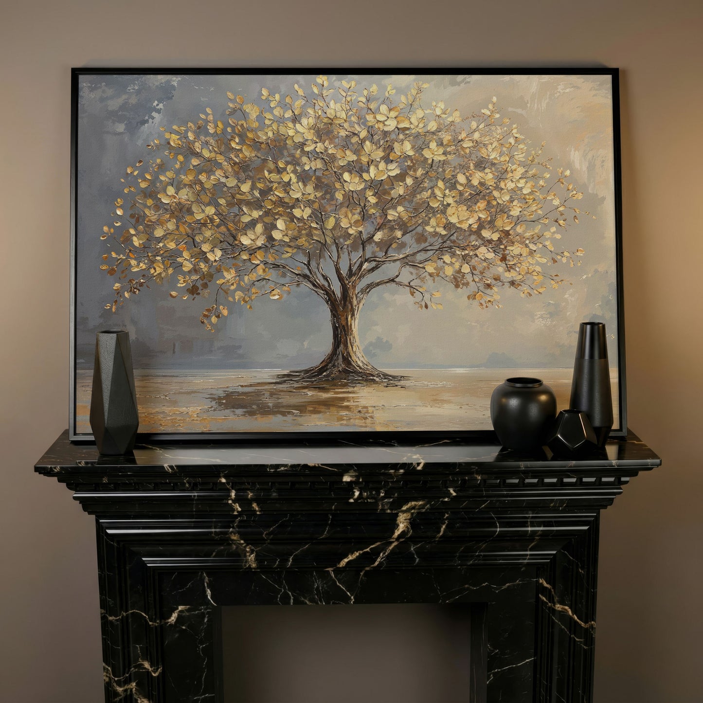 Golden Leaf Tree Canvas Print in black floating frame