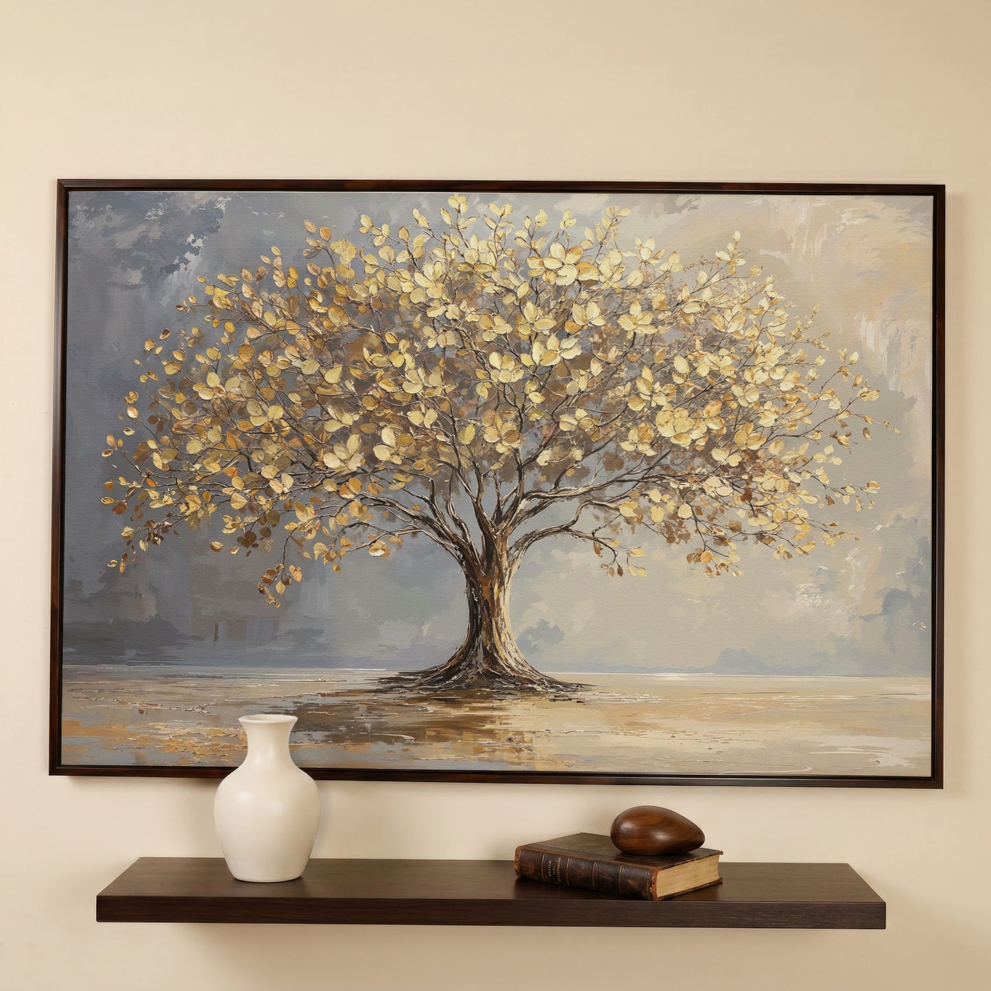 Golden Leaf Tree Canvas Print in dark walnut floating frame