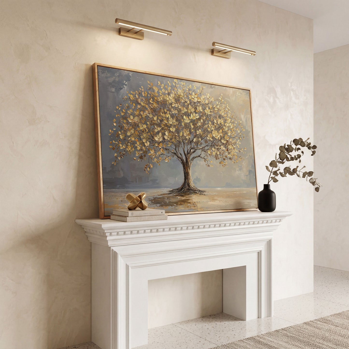 Golden Leaf Tree Canvas Print in white oak floating frame