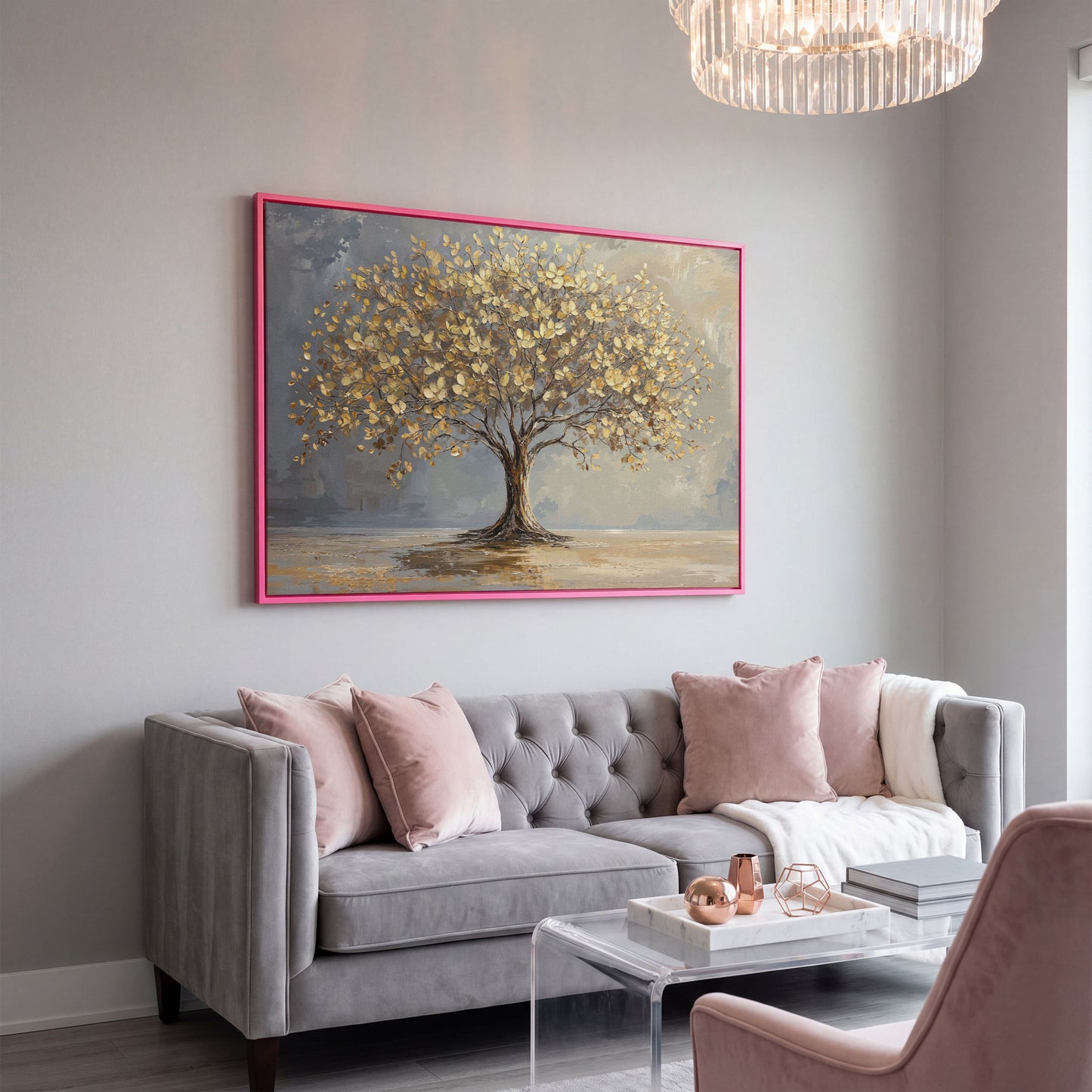 Golden Leaf Tree Canvas Print in pink floating frame