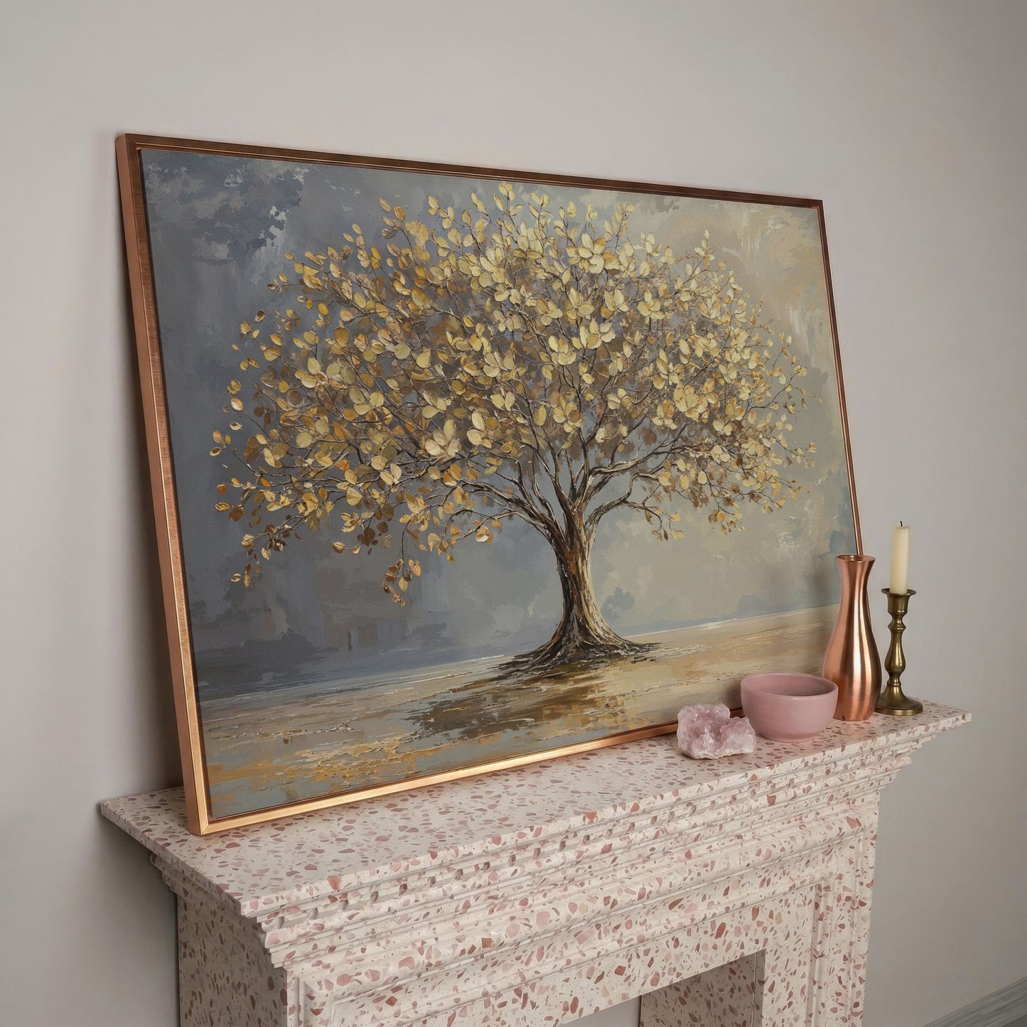 Golden Leaf Tree Canvas Print in rose gold floating frame