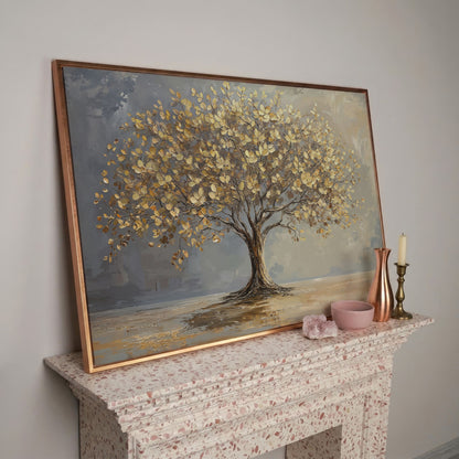 Golden Leaf Tree Canvas Print in rose gold floating frame