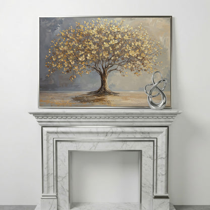 Golden Leaf Tree Canvas Print in silver floating frame
