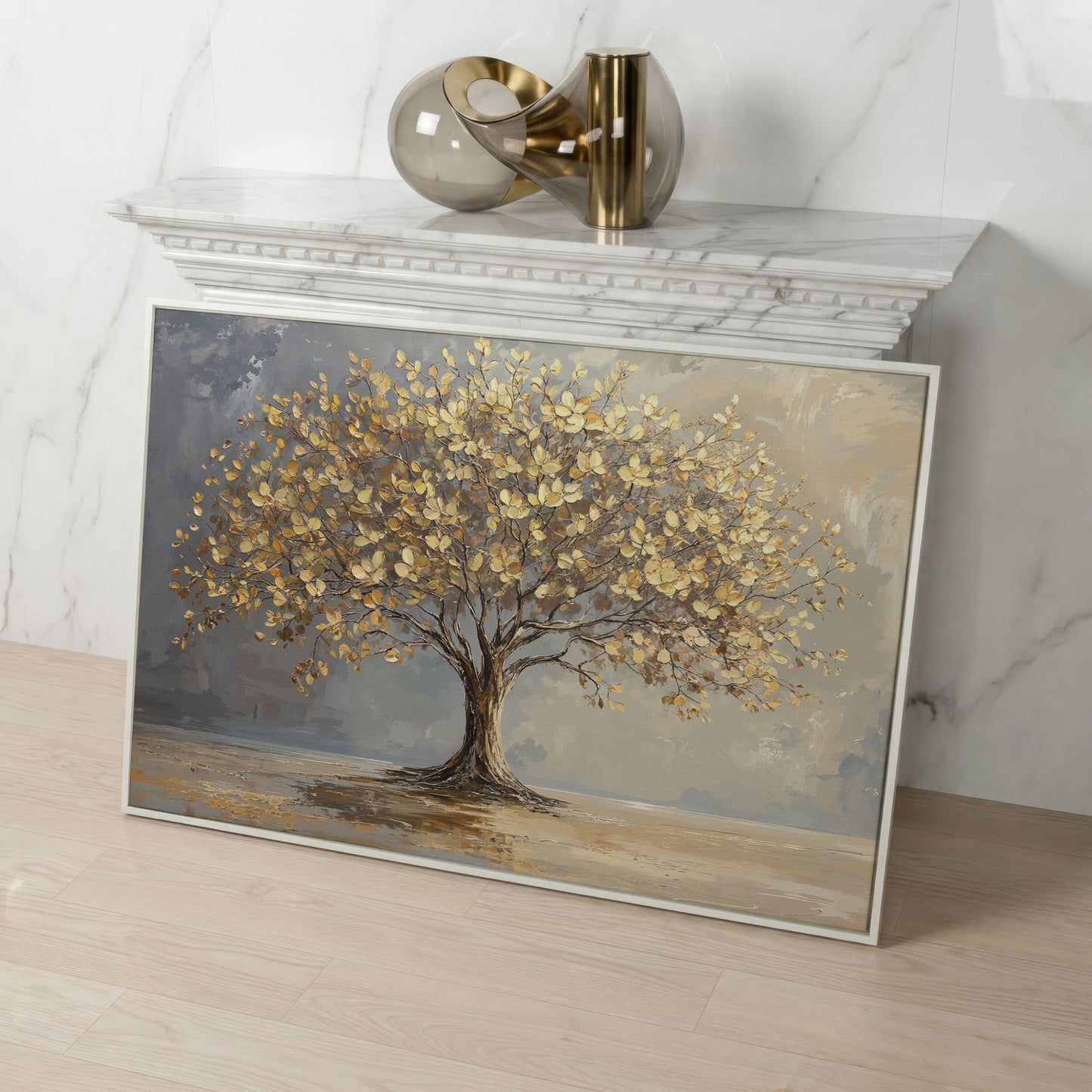 Golden Leaf Tree Canvas Print in white floating frame