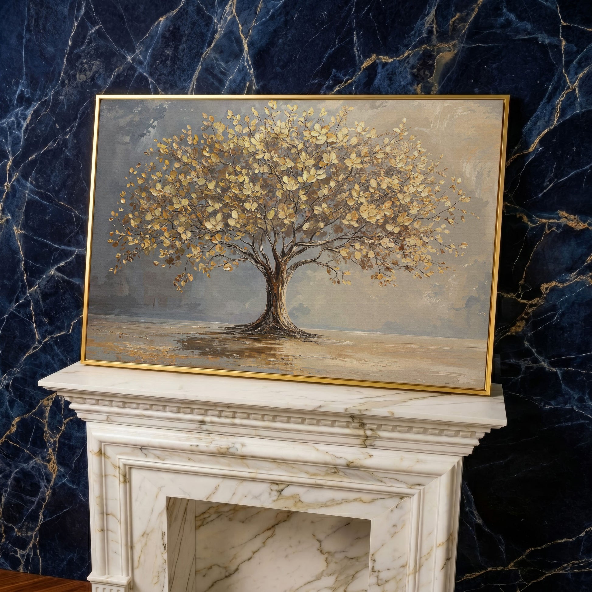 Golden Leaf Tree Canvas Print in yellow gold floating frame