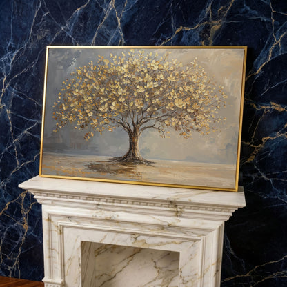 Golden Leaf Tree Canvas Print in yellow gold floating frame