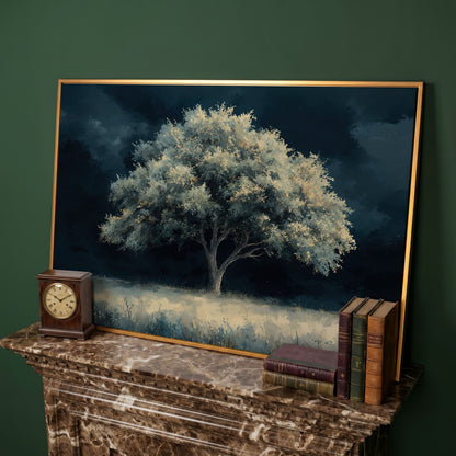 Solitary Tree in Indigo Landscape Canvas in antique gold floating frame
