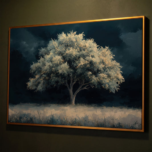 Solitary Tree in Indigo Landscape Canvas shown in antique gold floating frame