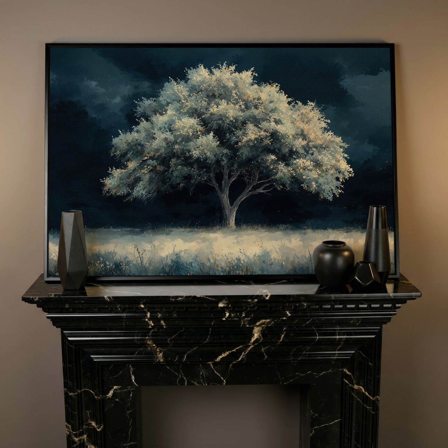 Solitary Tree in Indigo Landscape Canvas in black floating frame