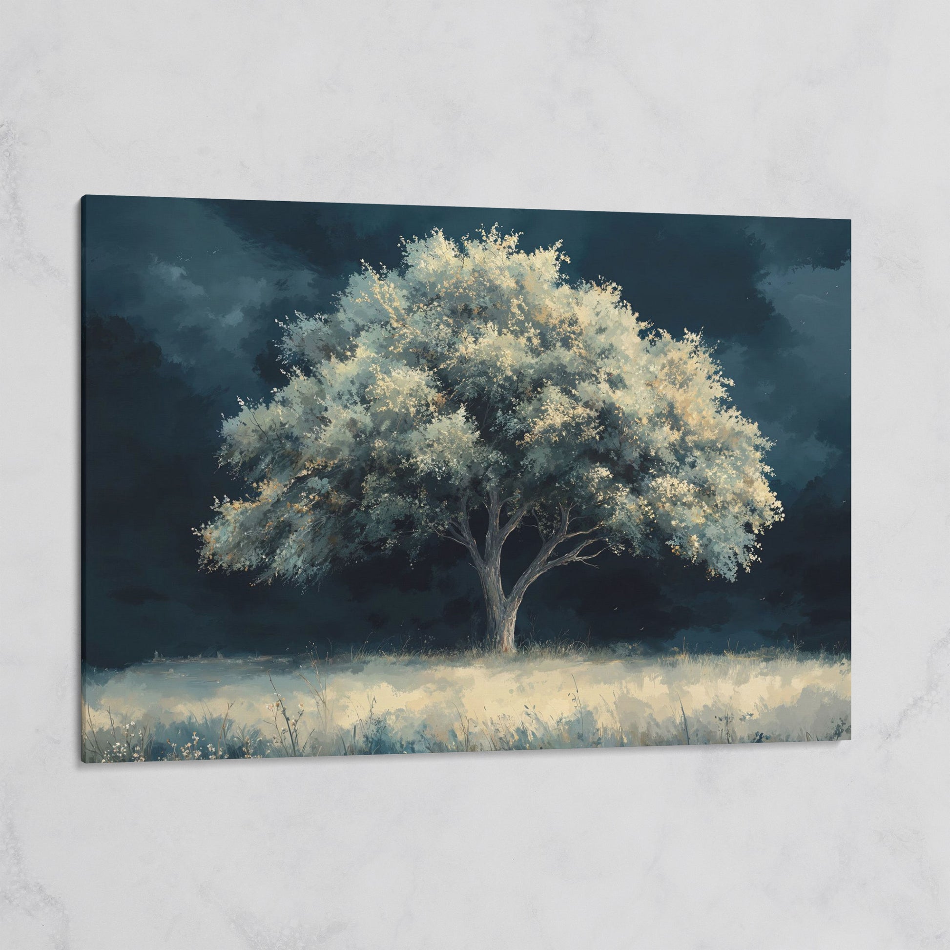 Solitary Tree in Indigo Landscape Canvas on gallery wrap