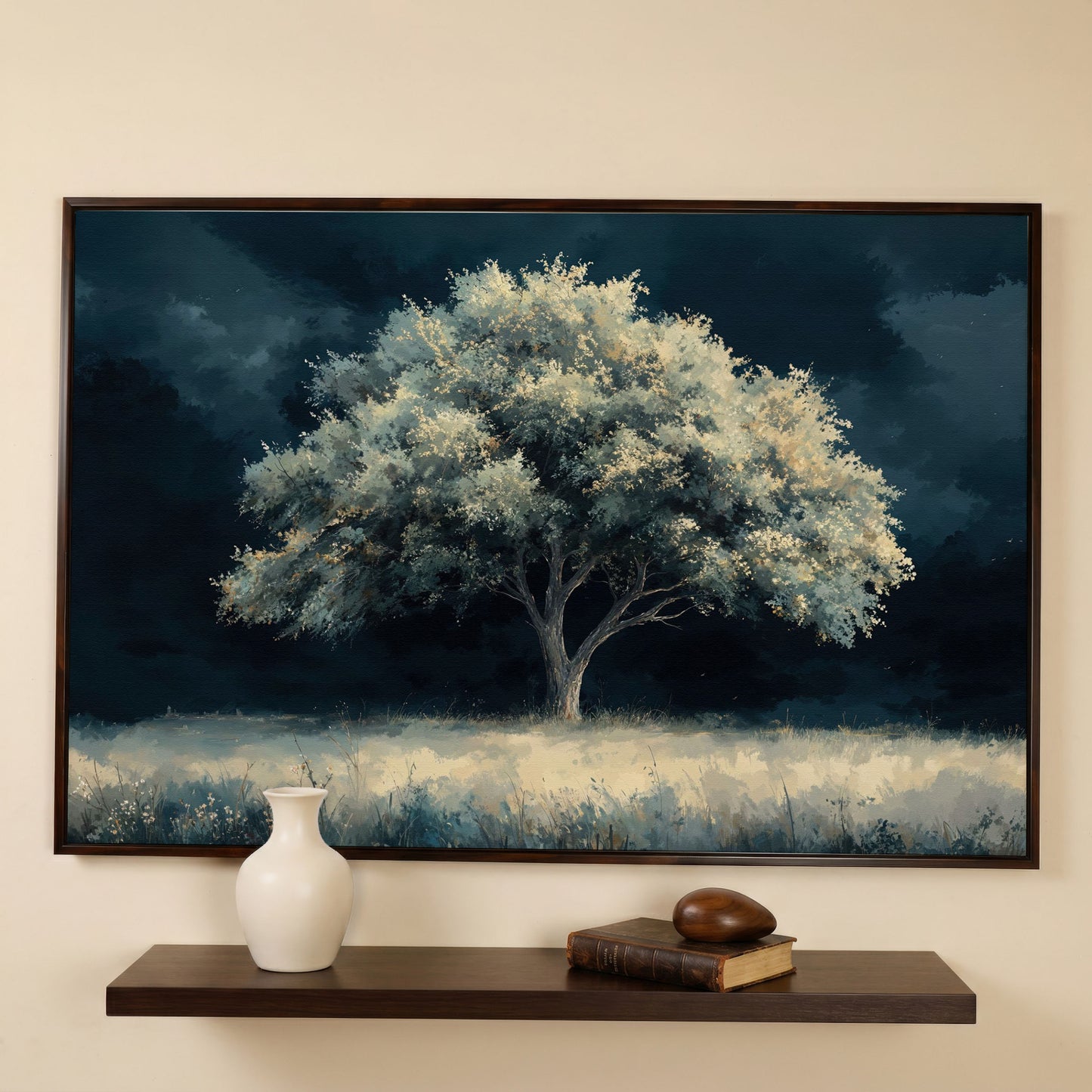Solitary Tree in Indigo Landscape Canvas in dark walnut floating frame