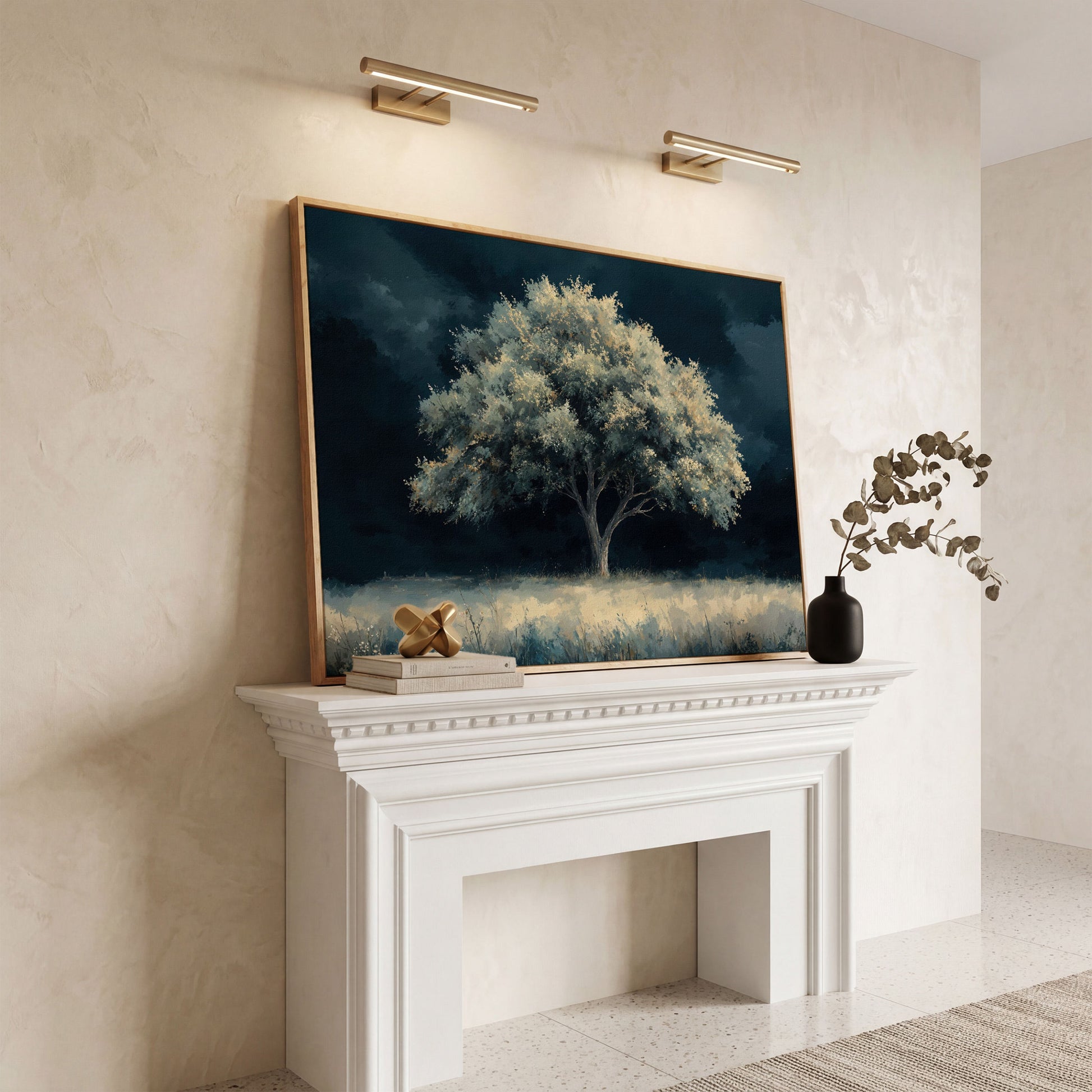 Solitary Tree in Indigo Landscape Canvas in white oak floating frame